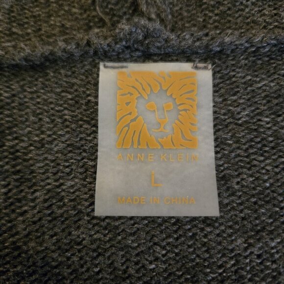 Anne Klein Hooded Zip Up Faux Fur Leather Trim Poncho Grey Sweater Large Zip Up - Picture 4 of 8